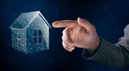 home from the net. illustrated house. man tapping on the screen