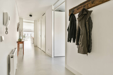 The interior of a narrow corridor i the apartment, in a minimalist style with a cozy design.