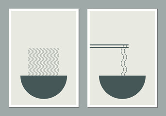 Trendy vector set of abstract creative minimalist artistic  composition. Bowl and noodle. Ideal for wall decoration, as postcard or brochure design, vector illustration.