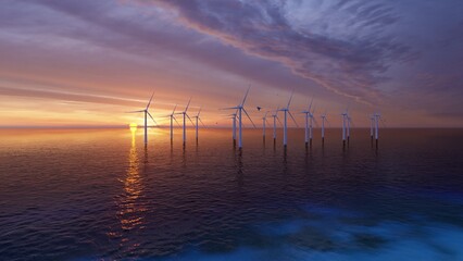 Windmill park. Offshore wind turbines farm on the ocean. Sustainable energy production. Green Energy, clean power, clean energy concept.