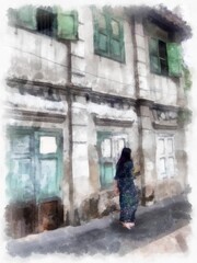 Fototapeta na wymiar Landscape of old abandoned buildings in Bangkok watercolor style illustration impressionist painting.