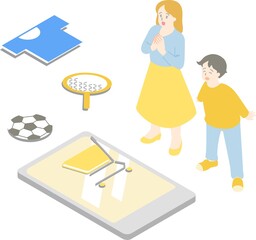 スマホでネットショッピングするお母さんと子供のアイソメトリック主線なしイラスト
