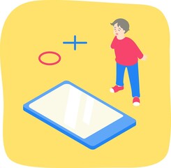スマホで○×クイズをする少年　主線なしカラーイラスト