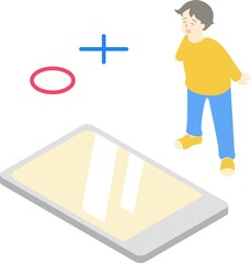 スマホで○×クイズをする少年　コピースペース付き主線なしイラスト