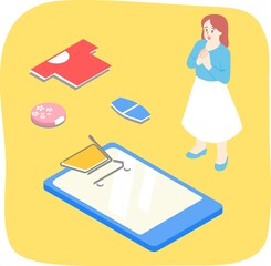 スマホでネットショッピングする女性のアイソメトリック主線なしカラーイラスト