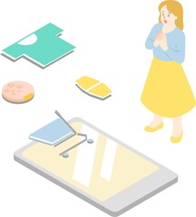 スマホでネットショッピングする女性のアイソメトリック主線なしカラーイラスト