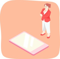 腕組みして考える女性の主線なしカラーイラスト　コピースペース付き