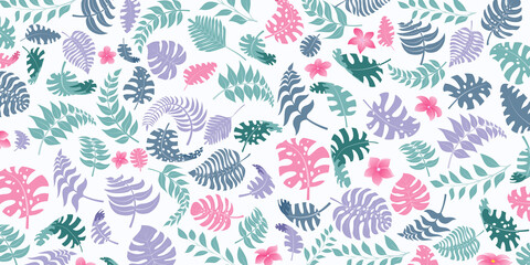 Fototapeta na wymiar Background with exotic jungle plants. Tropical palm leaves and flowers. Rainforest illustration, multicolored on white