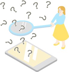 虫眼鏡を持ってスマホ検索する女性　主線なしカラーイラスト