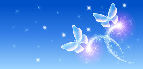 Fototapeta na wymiar Flying delightful butterfly with sparkle and blazing trail flying in night sky among shiny glowing stars in cosmic space. Animal protection day concept.