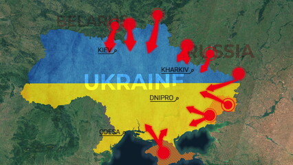 Ukraine map invasion attack war Animated map of Russia invasion of Ukraine, the movement of troops. as of February 24, 2022, UHD 4K 3D Renderd