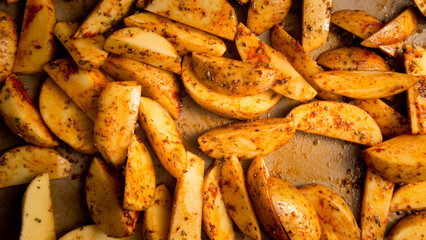 Raw potato wedges lie on a baking sheet, they are seasoned with paprika powder, salt and oil. 
