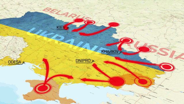 Ukraine war map, Animated map of Russia invasion of Ukraine, the movement of troops. as of February 24, 2022, UHD 4K 3D Renderd