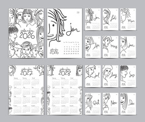 Calendar 2026 template set and Calendar 2027-2028 year, Desk calendar 2026 design, Planner, Lettering, hand drawn cartoon hipster people vector Can be used for, postcard, gift card, poster, diary