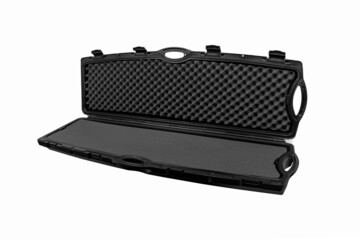 Black plastic case with foam inside. Weapon case isolate on white back.