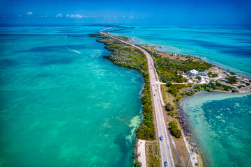 The Overseas Highway in the Florida Keys taken by drone. - obrazy, fototapety, plakaty