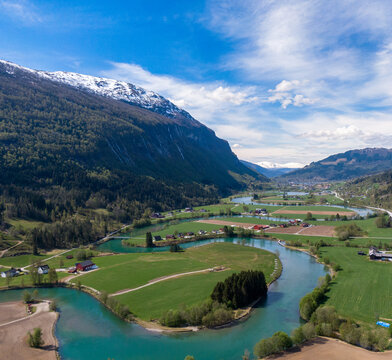 A view of Stryn, the beautifully meandering Stryneelva River in the Stryn Valley, in the county of Vestland, Norway.