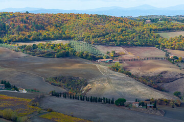 View on hills and vineyards from old town Montepulciano, Tuscany, Italy