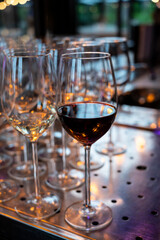 Many glasses of white and red white served for party or celebration