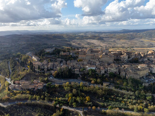 Aerial view on old town Montepulciano, Tuscany, Italy