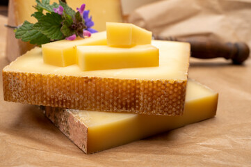 Swiss cheese collection, gruyere cheese made from unpasteurized cow's milk