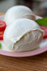 White ball of Italian soft cheese Mozzarella di Bufala Campana with fresh green basil and red tomato