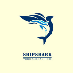 cruise ship and shark for ocean voyage logo icon