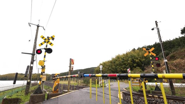 日本の田舎で撮影された踏切を通過する電車の映像。天候は曇りから小雨。