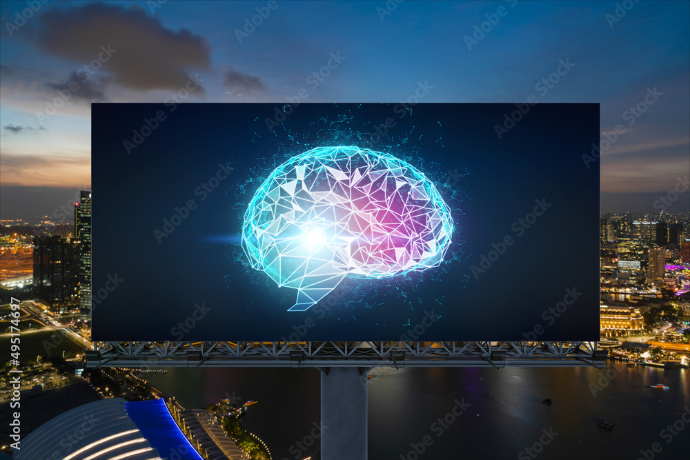 Poster brain hologram on billboard with singapore cityscape background at night time. street advertising po