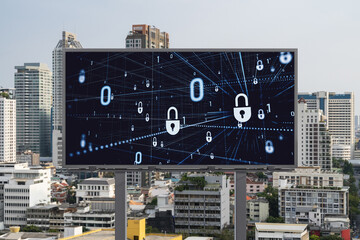 Padlock icon hologram on road billboard over panorama city view of Bangkok at day time to protect...