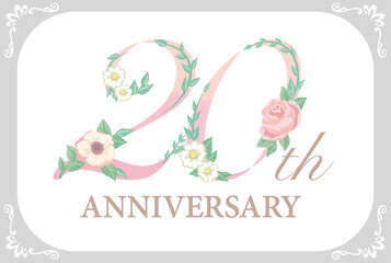20周年アニバーサリーのデザイン素材。花を使った数字フォント。ベクター。