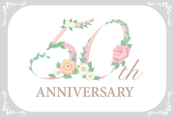 50周年アニバーサリーのデザイン素材。花を使った数字フォント。ベクター。