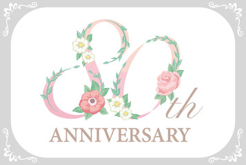 80周年アニバーサリーのデザイン素材。花を使った数字フォント。ベクター。