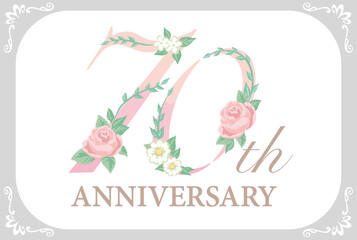 70周年アニバーサリーのデザイン素材。花を使った数字フォント。ベクター。