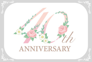 40周年アニバーサリーのデザイン素材。花を使った数字フォント。ベクター。