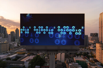 Glowing Social media icons on billboard over sunset panoramic city view of Bangkok. The concept of networking and establishing new connections between people and businesses in Southeast Asia