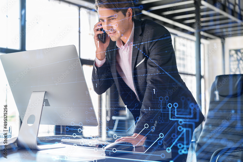 Poster businessman in suit has conference call to optimize development by implying new technologies in busi