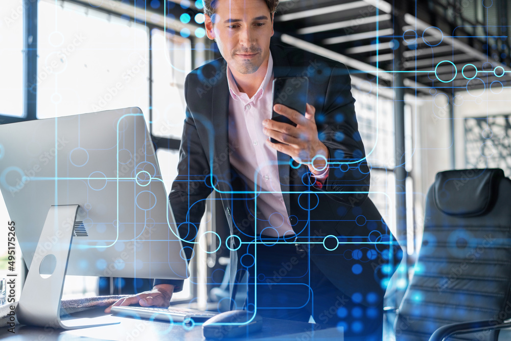 Poster businessman in suit using smart phone to optimize development by implying new technologies in busine