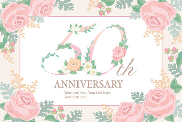 50周年アニバーサリーのデザイン素材。花を使った数字フォントとお花のフレーム。ベクター。