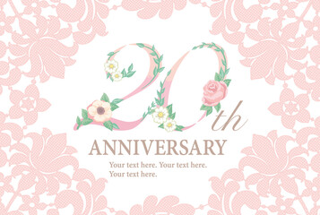 20周年アニバーサリーのデザイン素材。花を使った数字フォントとレースのフレーム。ベクター。