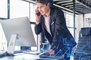 Businessman in suit has conference call to optimize development by implying new technologies in...