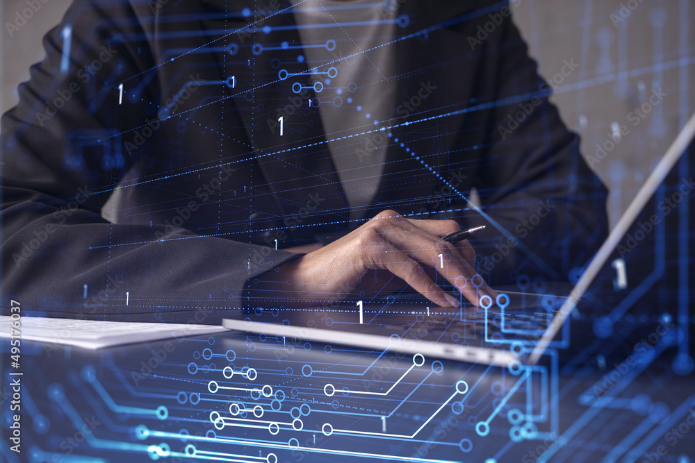 Poster woman typing the keyboard to create innovative software to change the world and provide a completely