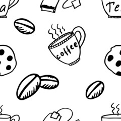 black and white endless doodle pattern of coffee, tea and cookies on a white background.
