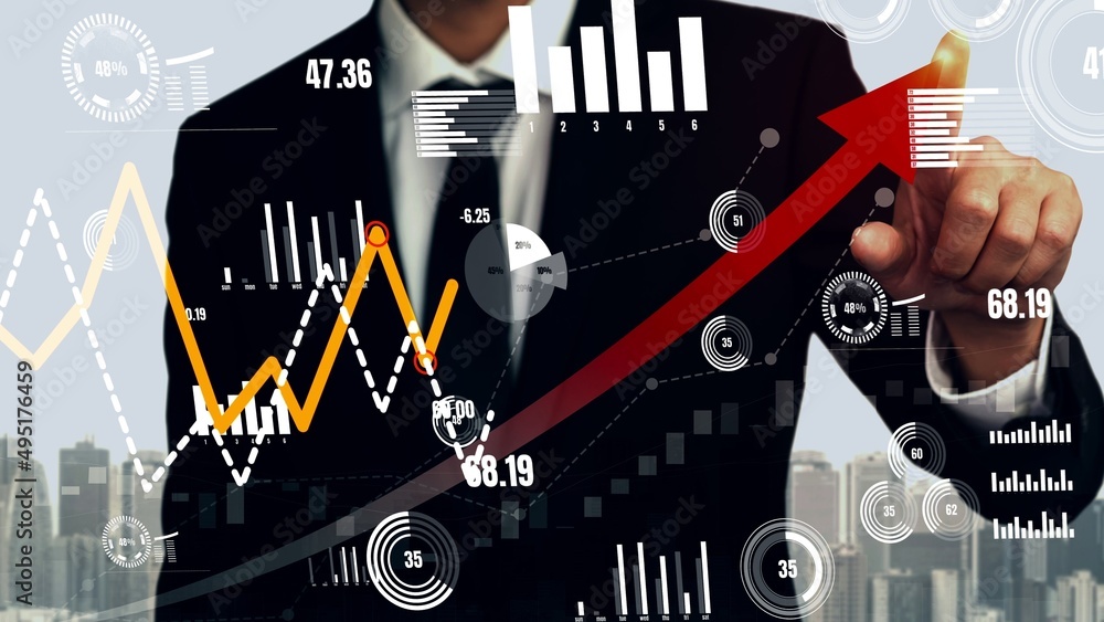 Poster double exposure image of business and finance conceptual - businessman with report chart up forward 