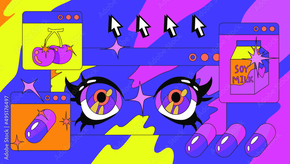 Poster restro the 90's like style collage with user interface elements and cartoon anime illustrations.