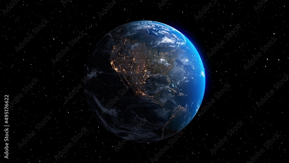 Poster planet earth with realistic geography surface and orbital 3d cloud atmosphere . outer space view of 