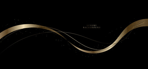 Abstract modern luxury golden wave lines and ribbon gold particles with lighting effect on black background - 495176664