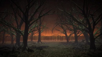 Fotobehang Chocoladebruin Flock Of Crows On The Gloomy Forest Trees, 3d rendering  © shufilm