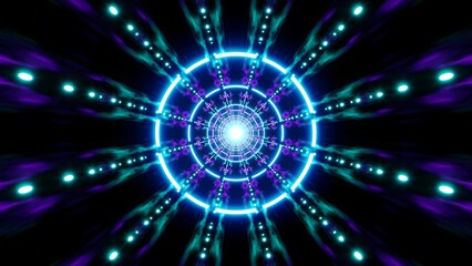 Fototapeta premium Glowing Blue Dashed Circle Lamp on the Symmetrical Psychedelic Pattern Art Background