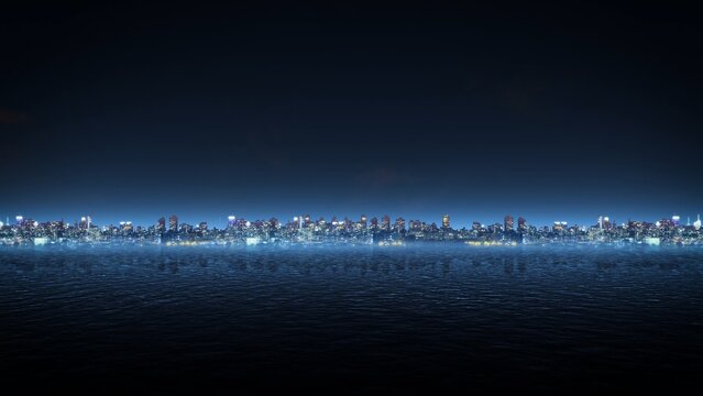 Coastal city at night wallpaper background 3d rendering